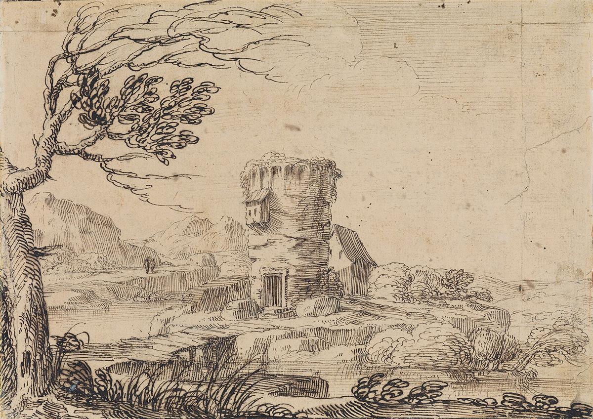GIOVANNI FRANCESCO GRIMALDI (Bologna 1606-1680 Rome) A Landscape with a Tower.
